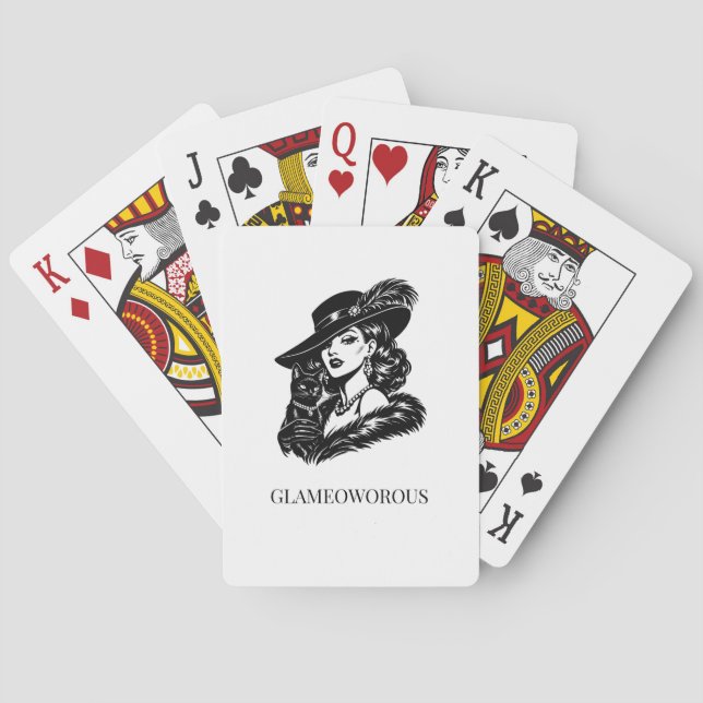 Glam Woman with Cat Fashion Illustration Playing Cards (Back)