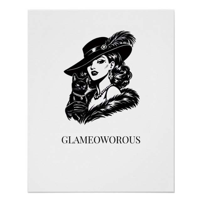 Glam Woman with Cat Fashion Illustration Poster (Front)