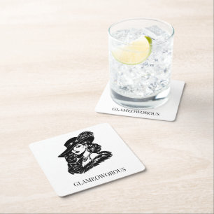 Glam Woman with Cat Fashion Illustration Square Paper Coaster