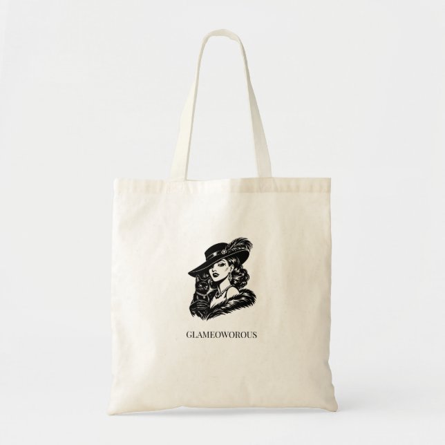 Glam Woman with Cat Fashion Illustration Tote Bag (Front)