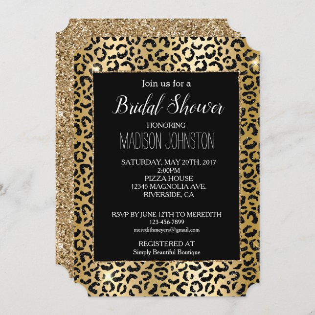 Glam Yellow Gold Black Glitter Leopard Invitation (Front/Back)