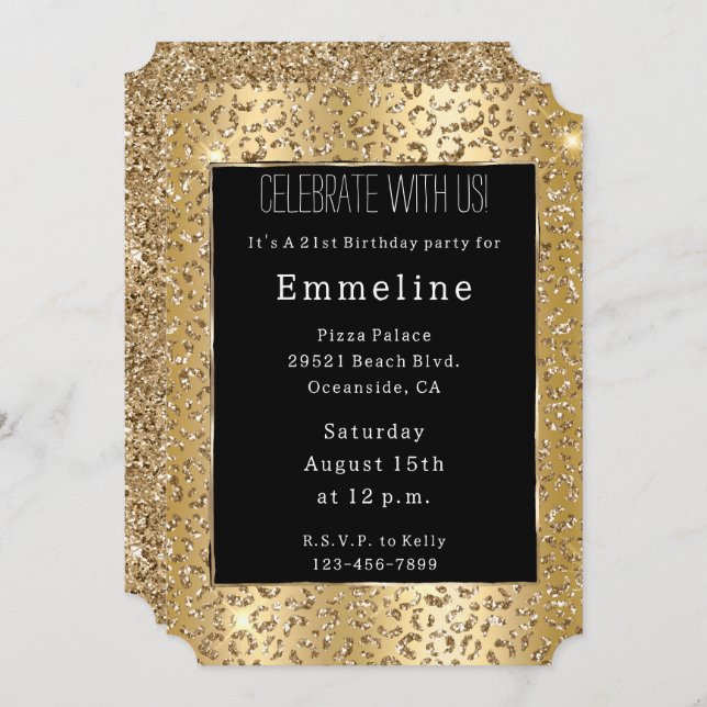 Glam Yellow Gold Glitter Leopard Invitation (Front/Back)