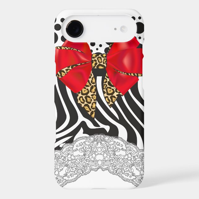 Glam Zebra Print, Polka Dots and Red Leopard Bow Case-Mate iPhone Case (Back)