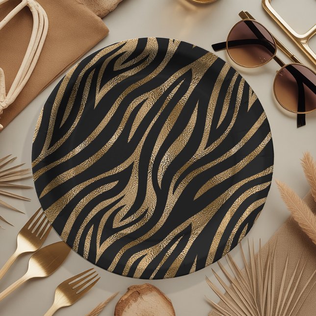 Glam Zebra Stripes Pattern Black Gold ID1151 Paper Plate (Creator Uploaded)