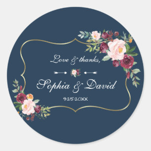 GlamGold Burgundy Blush Floral Navy Blue Wedding Classic Round Sticker
