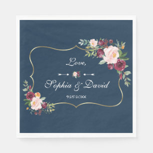 GlamGold Burgundy Blush Floral Navy Blue Wedding Napkin