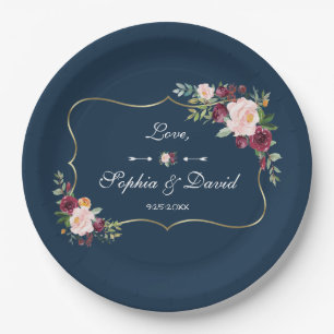 GlamGold Burgundy Blush Floral Navy Blue Wedding Paper Plate