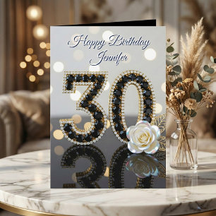 Glamorous 30th Birthday Black Diamonds White Rose  Card