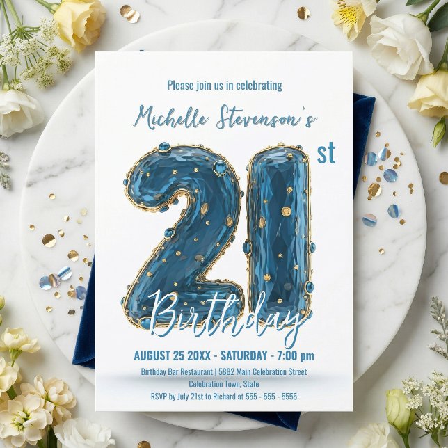 Glamorous 3D Blue Gold Gemstone 21st Birthday Invitation (Creator Uploaded)