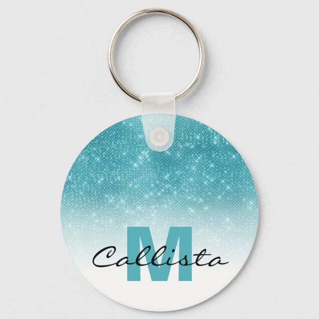 Glamorous Aqua Blue Glitter Sequin Ombre Monogram Key Ring (Front)