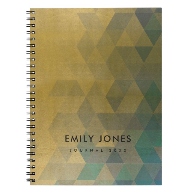 GLAMOROUS AQUA BLUE GOLD FAUX TRIANGULAR PATTERN NOTEBOOK (Front)