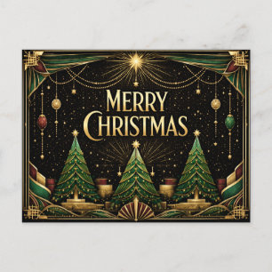 Glamorous Art Deco Merry Christmas Trees Holiday Postcard