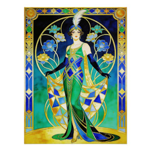 Glamorous Art Deco Siren in Blue and Green Poster. Poster
