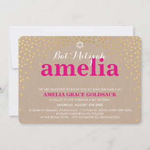 GLAMOROUS BAT MITZVAH rustic gold confetti kraft Invitation