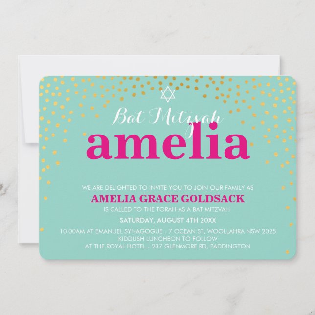 GLAMOROUS BAT MITZVAH rustic gold confetti mint Invitation (Front)
