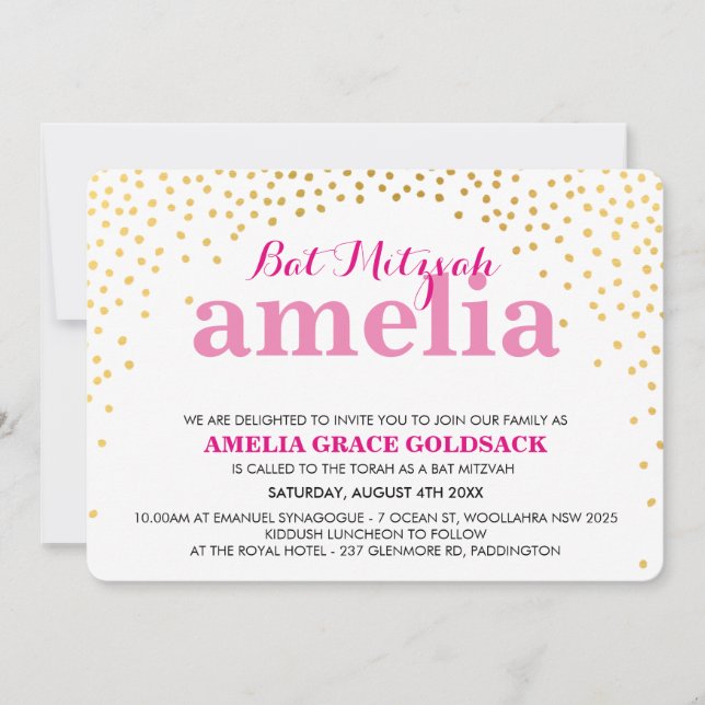 GLAMOROUS BAT MITZVAH rustic gold confetti pink Invitation (Front)