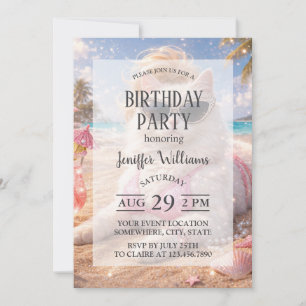 Glamorous Beach Cat with Sunglasses and Pink Bikin Invitation