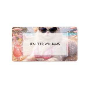Glamorous Beach Cat with Sunglasses and Pink Bikin Label