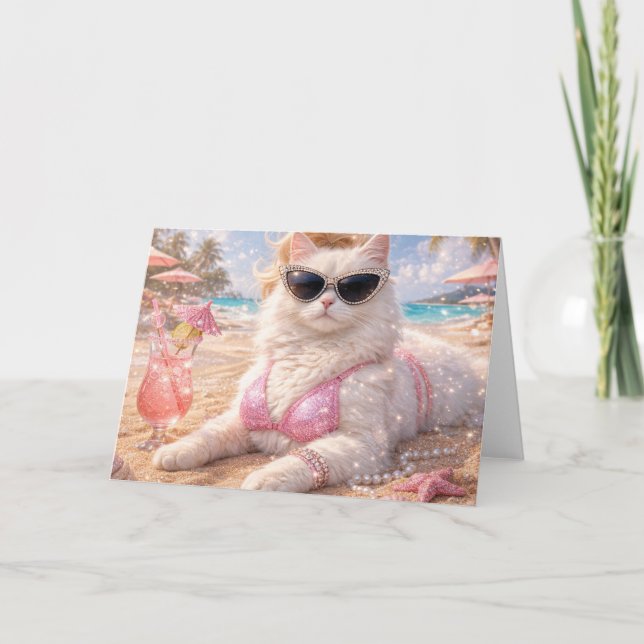 Glamorous Beach Cat with Sunglasses                Card (Front)
