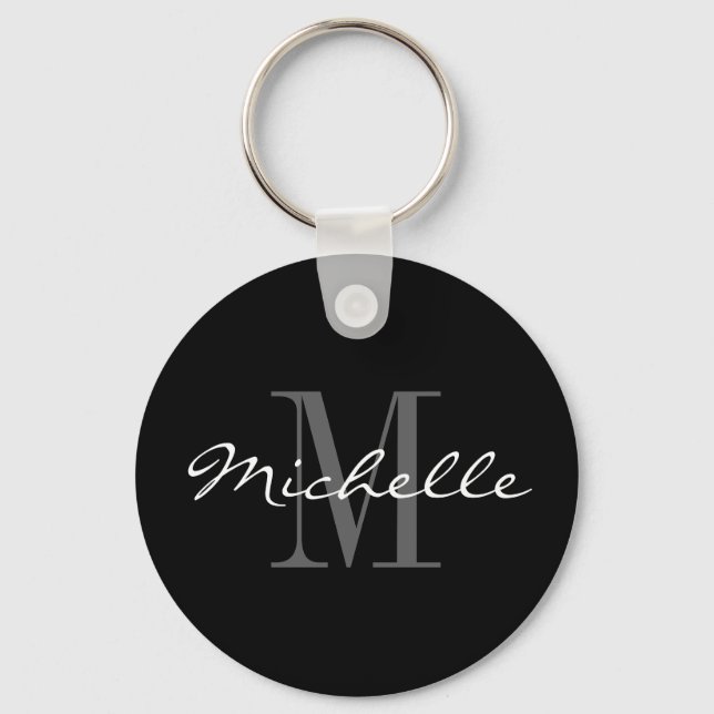 Glamorous black and white name monogram keychain (Front)