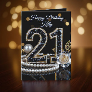 Glamorous Black Gemstone White Rose 21st Birthday Card