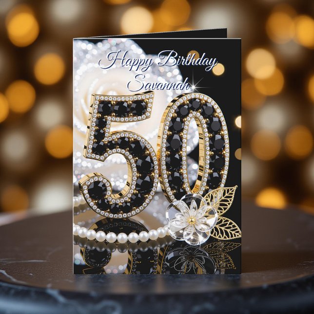 Glamorous Black Gemstone White Rose 50th Birthday Card (Creator Uploaded)