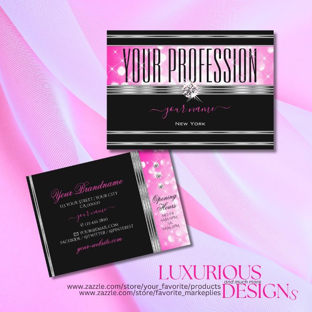 Glamorous Black Girly Pink Glitter Diamonds Silver Business Card (Creator Uploaded)