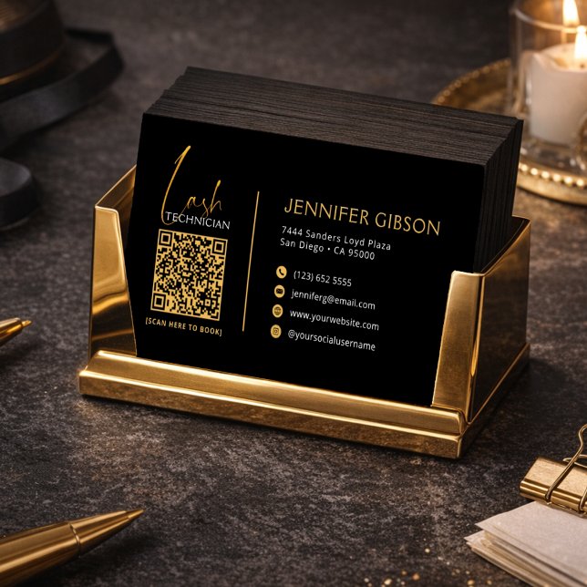 Glamorous Black & Gold Lash Tech QR Code  Business Card (Creator Uploaded)