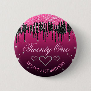 Glamorous Black & Pink Dripping Glitter Birthday 6 Cm Round Badge