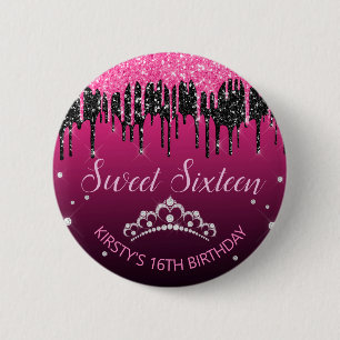 Glamorous Black & Pink Dripping Glitter Sweet 16 6 Cm Round Badge