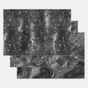 Glamorous Black & Silver Sparkling Patterns Wrapping Paper Sheet