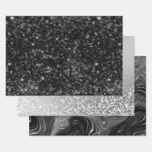 Glamorous Black & Silver Sparkling Patterns Wrapping Paper Sheet