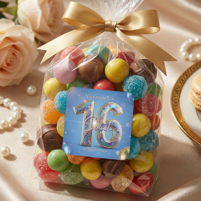 Glamorous Blue Gold Glitter Balloons Sweet 16 Square Sticker (Creator Uploaded)