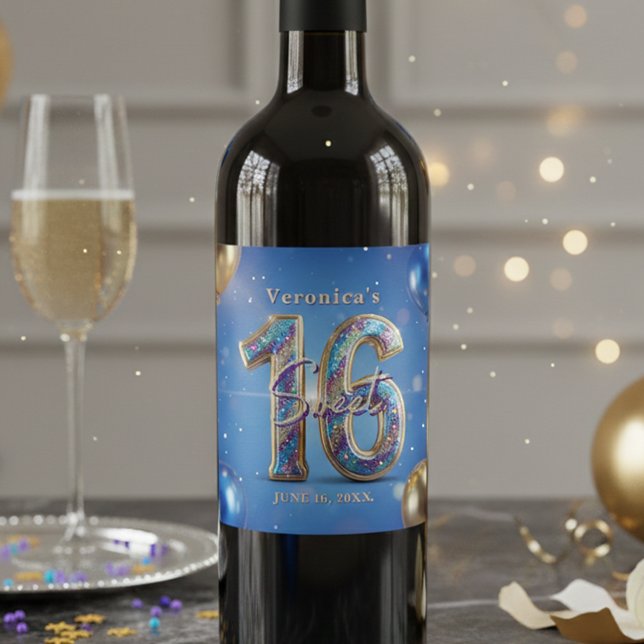 Glamorous Blue Gold Glitter Sweet 16 Birthday Wine Label (Creator Uploaded)