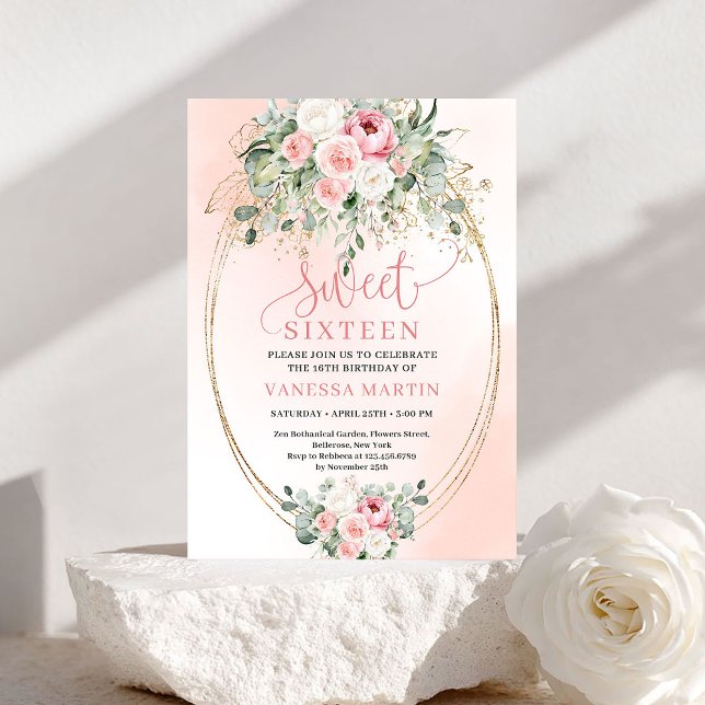 Glamorous Blush Floral Sweet 16 Birthday Invite @ (Glamorous Blush Floral Sweet 16 Birthday Invitation)