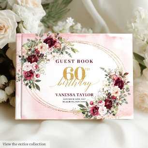 Glamorous Boho Marsala Floral Gold 60th Birthday Guest Book
