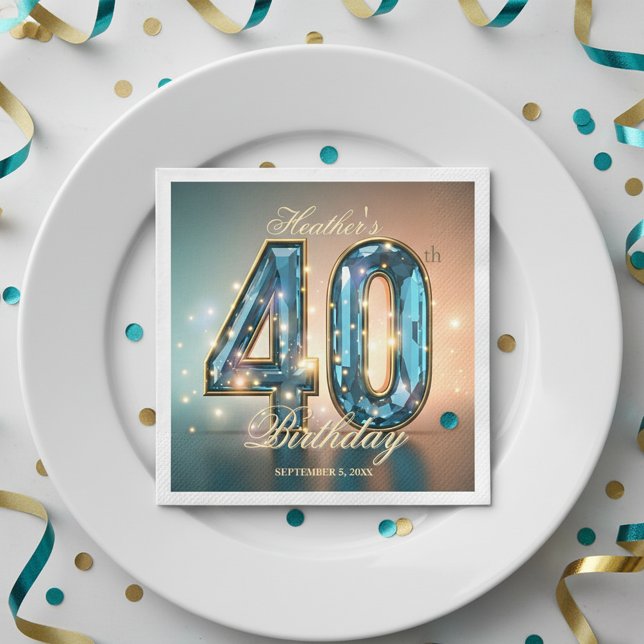 Glamorous Chic Teal Crystal 40th Birthday Party Napkin (Creator Uploaded)