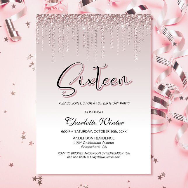 Glamorous Dusty Rose Pink Diamonds 16th Birthday Invitation (Creator Uploaded)