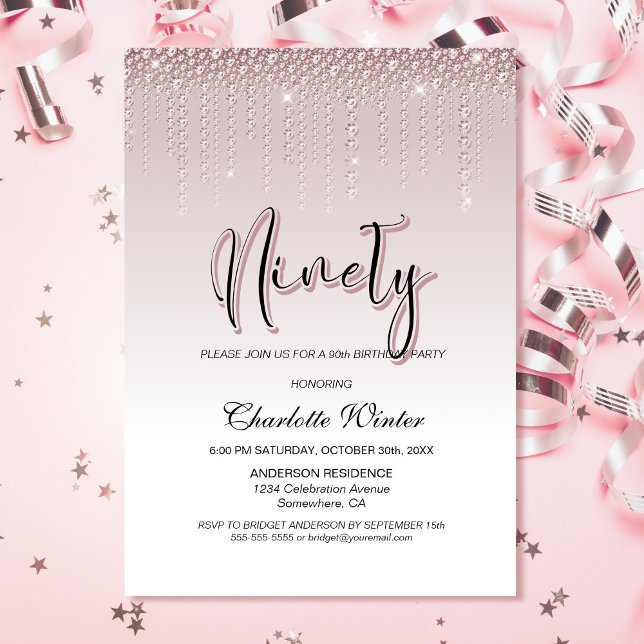 Glamorous Dusty Rose Pink Diamonds 90th Birthday Invitation (Creator Uploaded)