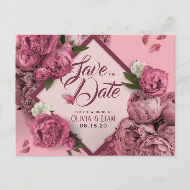 Glamorous Floral Peonies Design Save The Date Postcard (Front)