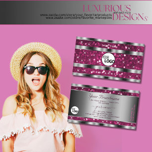 Glamorous Girly Pink Glitter Stars Logo Silver Business Card