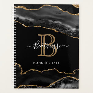 Glamorous Glitter Agate Black Gold Monogram Planner