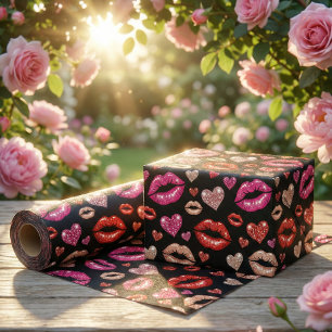 Glamorous Glitter Lips Kisses Black Pop Art Wrapping Paper Sheet