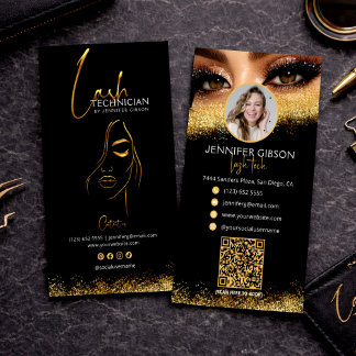 Glamorous Gold & Black Lash Tech QR Code  Business Card