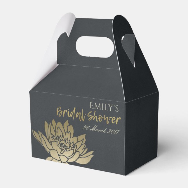 GLAMOROUS GOLD BLACK LOTUS FLORAL BRIDAL SHOWER FAVOUR BOX (Front Side)