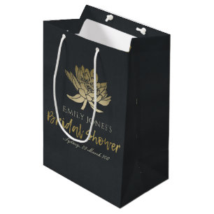 GLAMOROUS GOLD BLACK LOTUS FLORAL BRIDAL SHOWER MEDIUM GIFT BAG