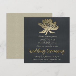 GLAMOROUS GOLD BLUE BLACK LOTUS FLORAL WEDDING INVITATION