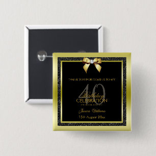 Glamorous Gold Bow & Black Glitter 40th Birthday 15 Cm Square Badge
