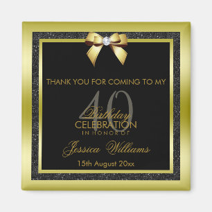 Glamorous Gold Bow & Black Glitter 40th Birthday Magnet
