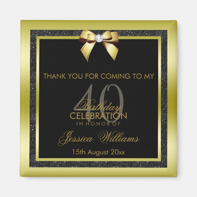 Glamorous Gold Bow & Black Glitter 40th Birthday Magnet (Front)